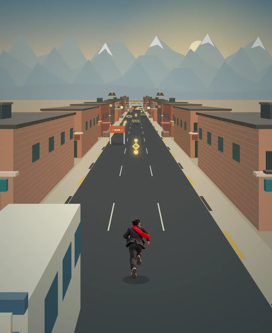 Scene rendered by Kathmandu Dash’s game engine: three lanes, a runner, buses, momos and Kathmandu-inspired buildings